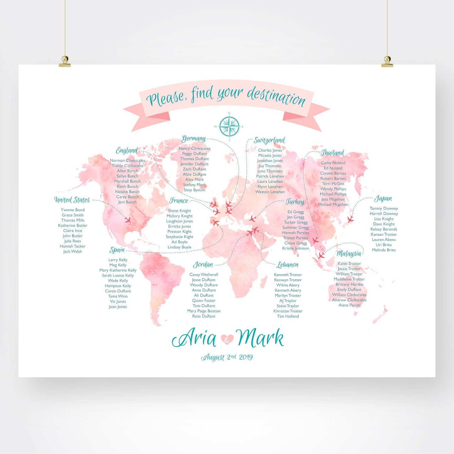 Custom world map seating chart, travel theme or destination wedding seating plan