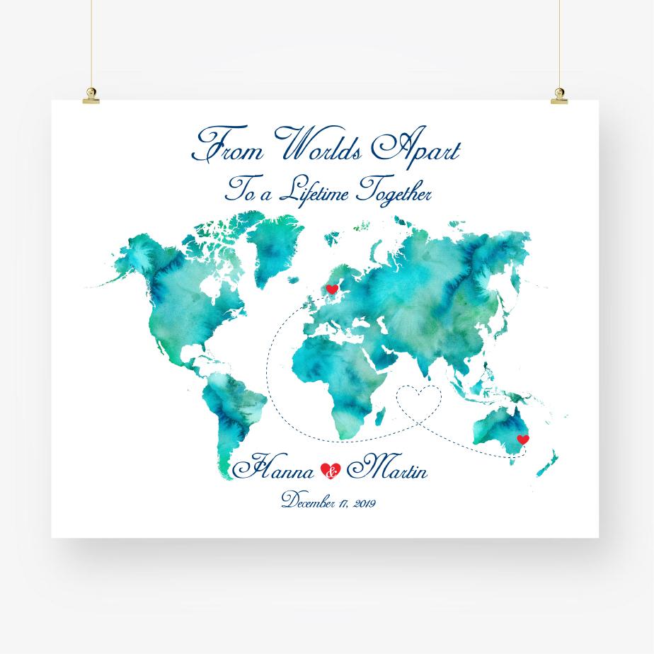 Personalized wedding gift, unique custom watercolor map art printable
