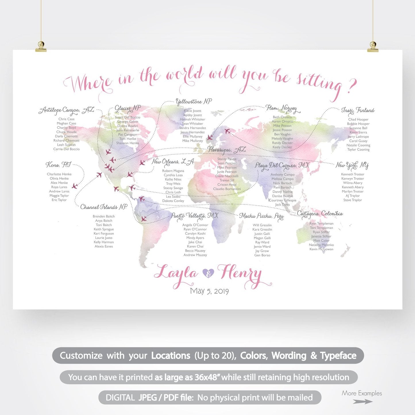 Travel theme seating chart for destination wedding printable custom watercolor world map