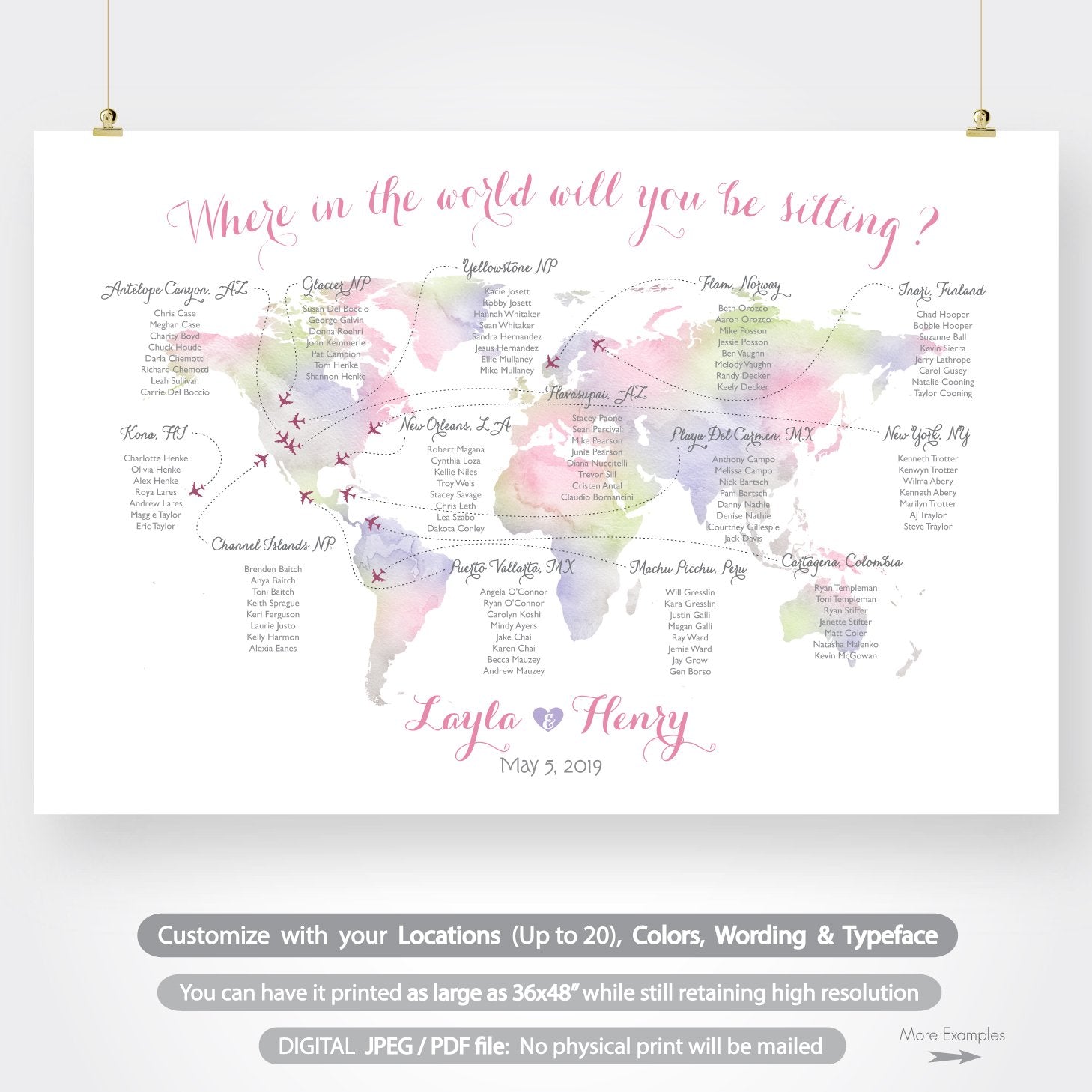 Travel theme seating chart for destination wedding printable custom watercolor world map