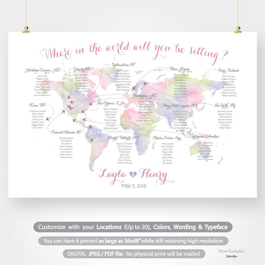 Travel theme seating chart for destination wedding printable custom watercolor world map